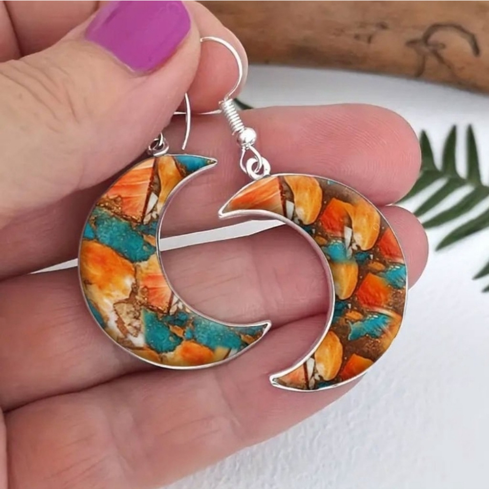 Bohemian Acrylic Multi Colored Moon Dangle Bohemian Earrings - Picture 2 of 3